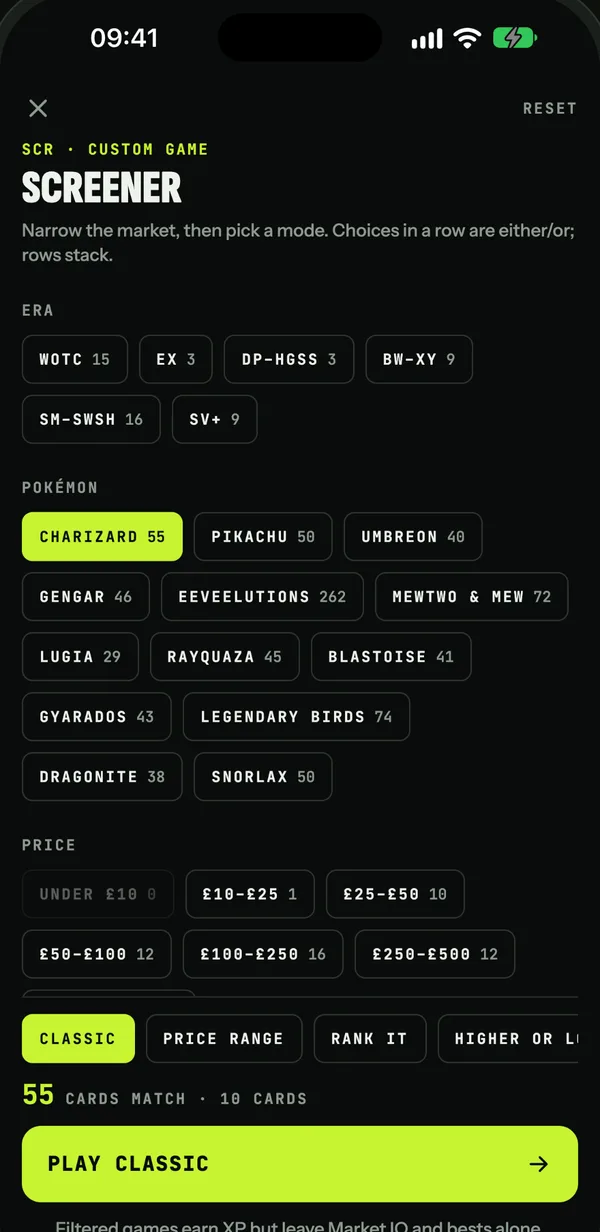 The Screener: era, Pokémon and price filters with 55 matching cards